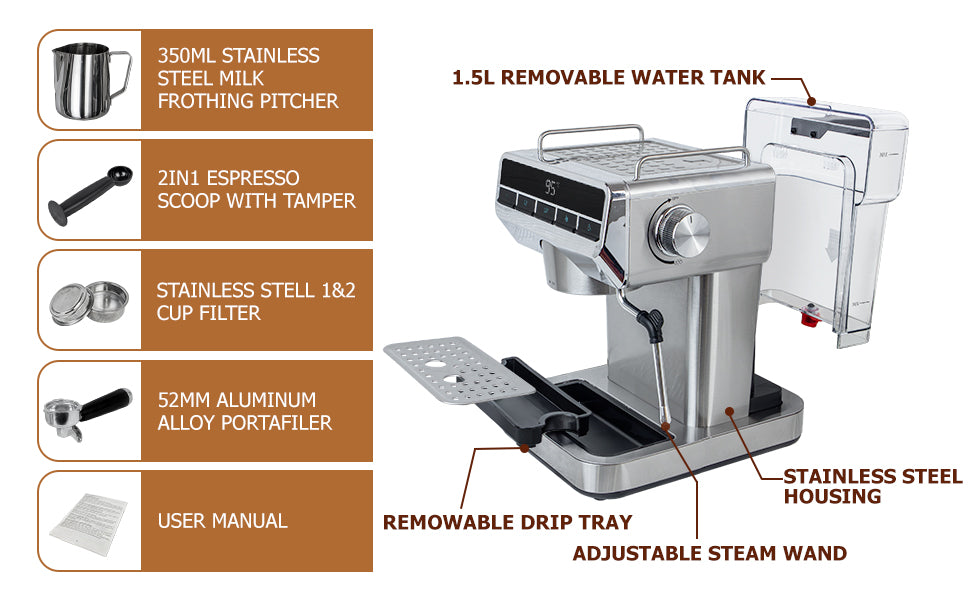 Espresso Machine with Temperature Display Customized Americano, Latte & cappuccino machines for home, office, 20 Bar Stainless Steel Cafetera Espresso with Steam Milk Frother