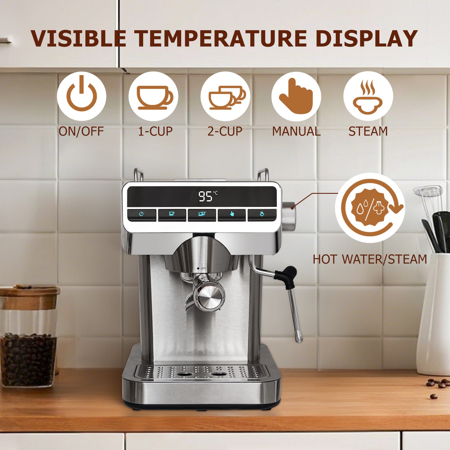 Espresso Machine with Temperature Display Customized Americano, Latte & cappuccino machines for home, office, 20 Bar Stainless Steel Cafetera Espresso with Steam Milk Frother