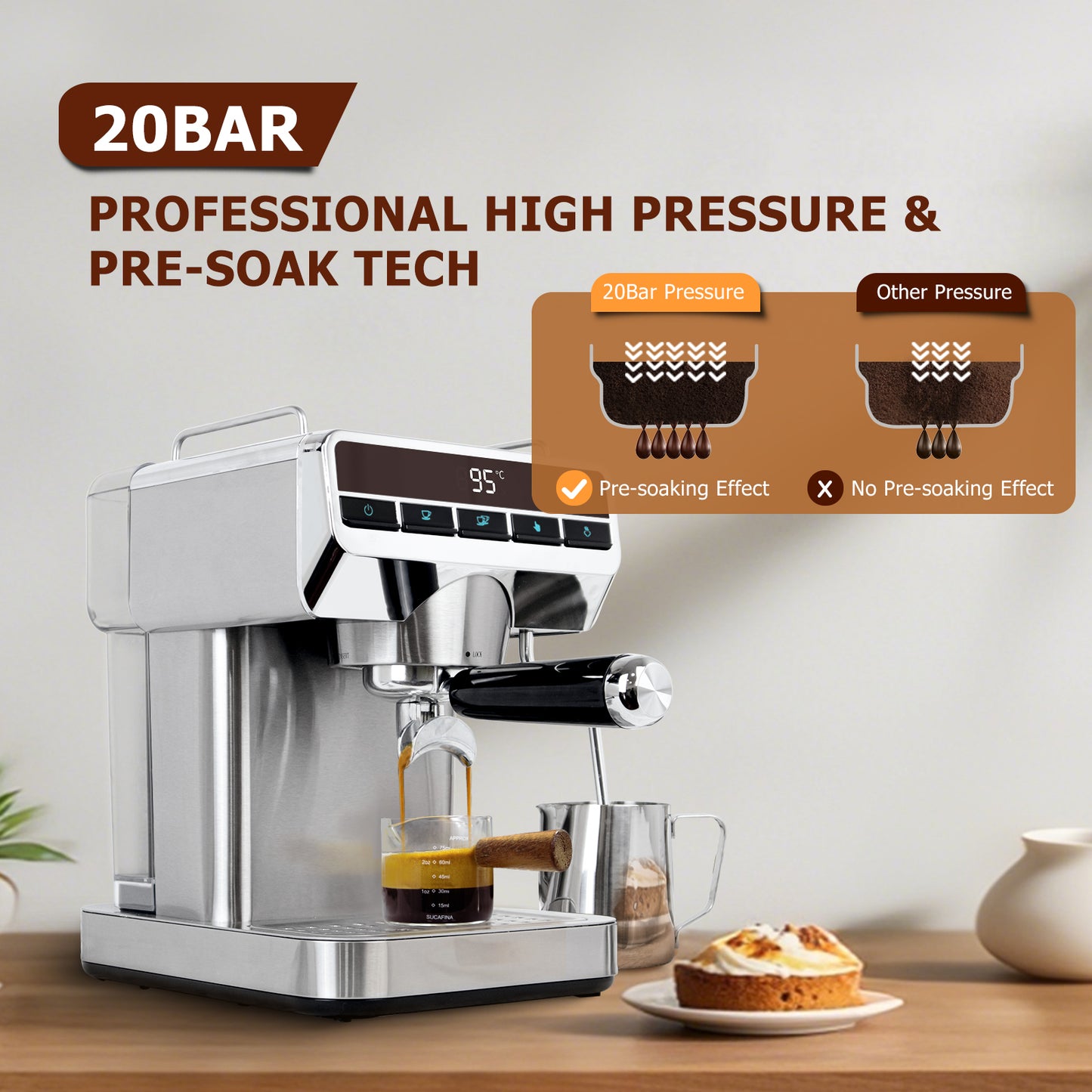 Espresso Machine with Temperature Display Customized Americano, Latte & cappuccino machines for home, office, 20 Bar Stainless Steel Cafetera Espresso with Steam Milk Frother