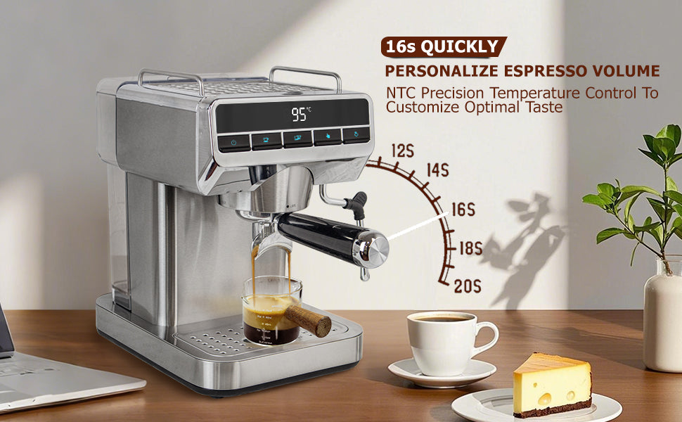Espresso Machine with Temperature Display Customized Americano, Latte & cappuccino machines for home, office, 20 Bar Stainless Steel Cafetera Espresso with Steam Milk Frother